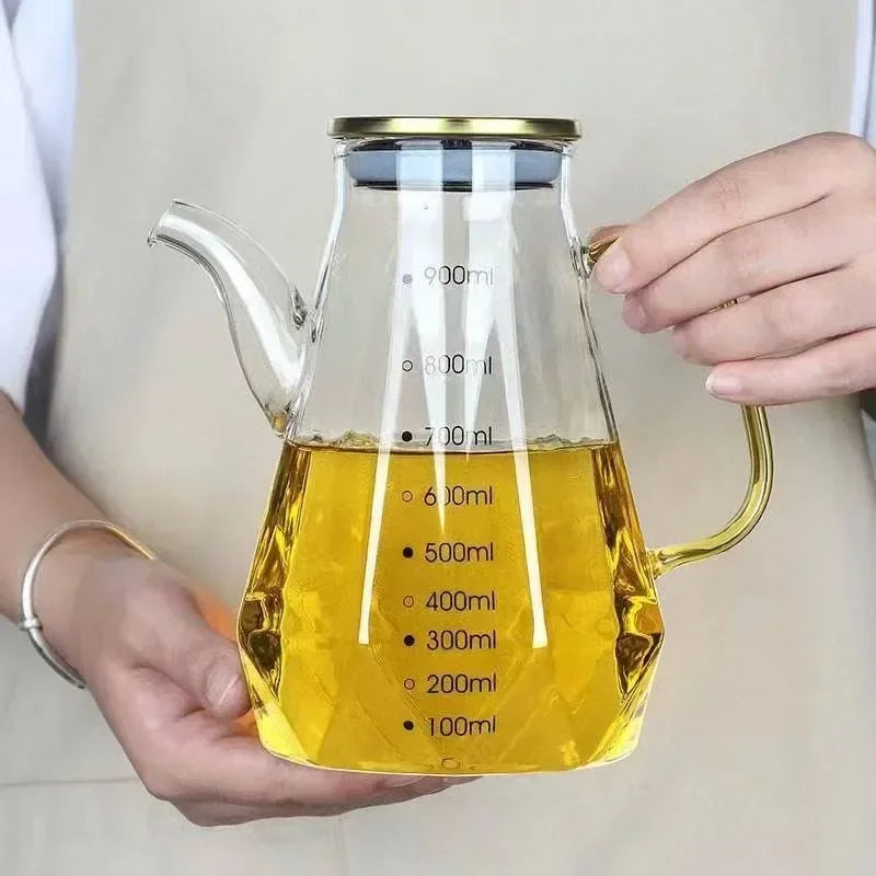 JUSTINLAU Glass Oil Pots 500/700/900ml Leak Proof Diamond Oil Bottle with Scale/Lid Sauce Vinegar Condiment Storage Container