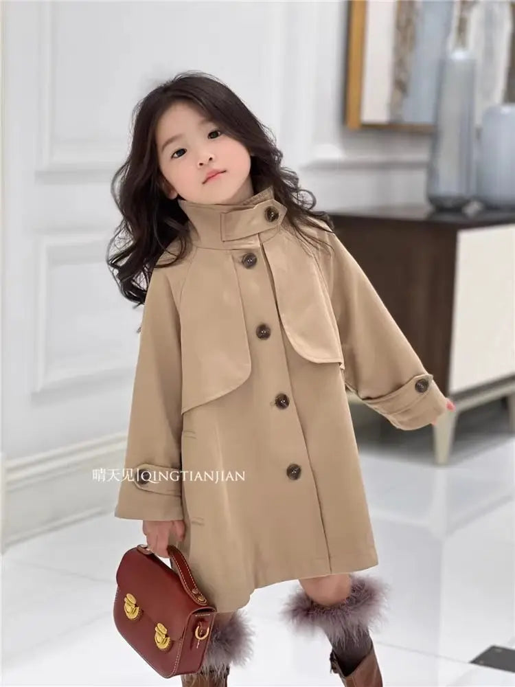 Girls' British Style Lapel Trench Coat 2026 Spring/Autumn New Versatile Children's Mid Length Single Breasted Jacket
