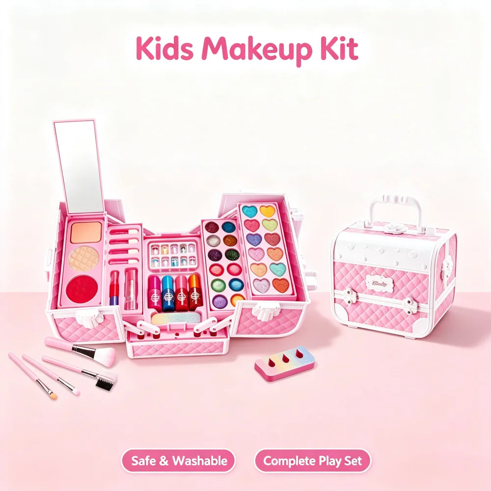 Princess Kids Makeup Kit for Girls, Washable Pretend Cosmetic Toy Set with Mirror & Storage Suitcase, Non-Toxic Beauty Play Makeup Case, Birthday Christmas Gift for Little Girls