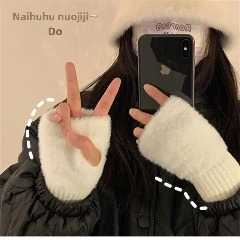 New Ins Style Half Finger Plush Gloves High Value Princess Warm Winter Touchscreen Gloves for Students in Class
