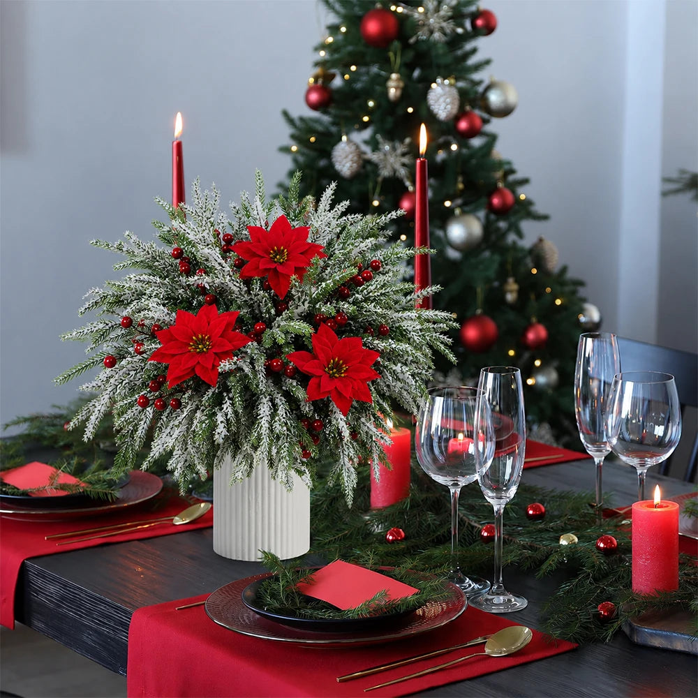 Christmas Decorations DIY 18PCS Artificial Pine Needles Red Berry Poinsettia Flowers for Winter Festival Home Party Wreath Decor