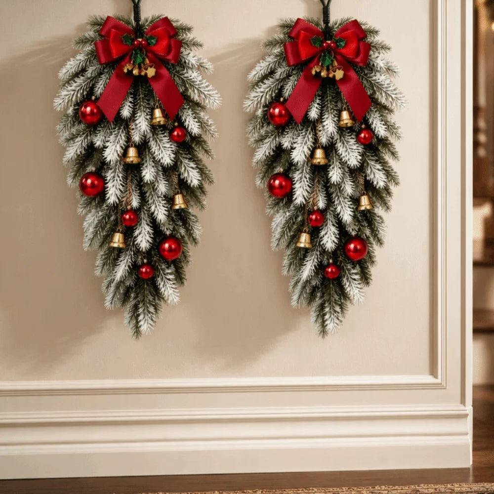 Artificial Christmas Decor Set Plastic Red Bow Norfolk Pine Garland Red Ball Ornaments Golden Ring Bell Holiday Wreath Set