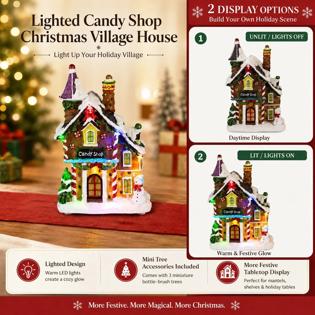 Christmas Candy Gingerbread House Decor - Collection Building with LED Light Up Decorative Home Fireplace Tabletop Decoration