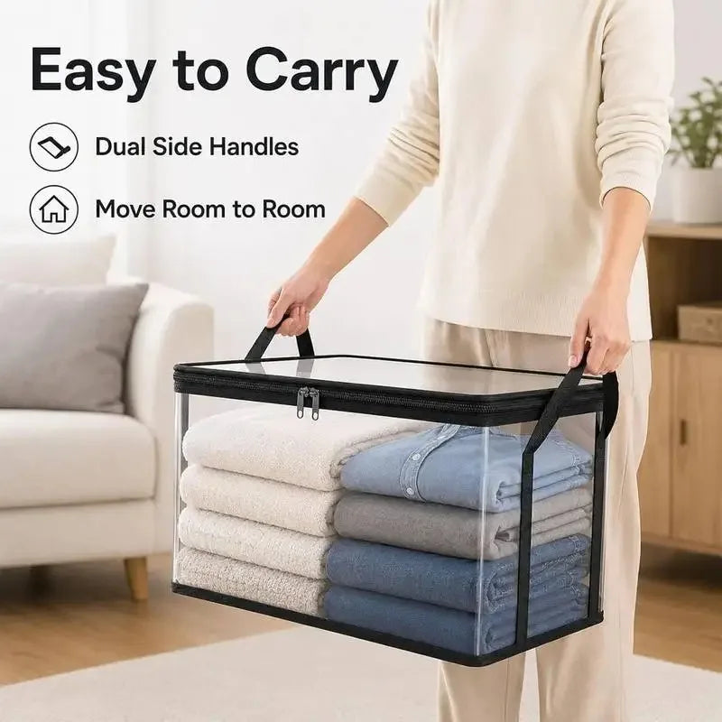 Foldable Storage Bins  Large Clear Heavy Duty Boxes with Lids Collapsible Clothes Blanket Organizer for Closet Bedroom