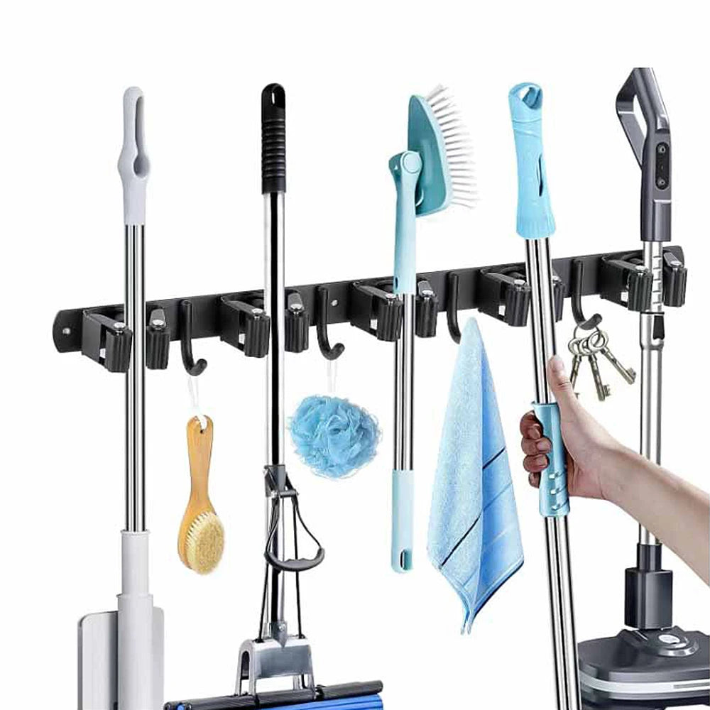 Stainless Steel Mop and Broom Holder Wall Mounted Multi-Functional Bathroom Kitchen Storage Rack Garage Garden Tools Organizer