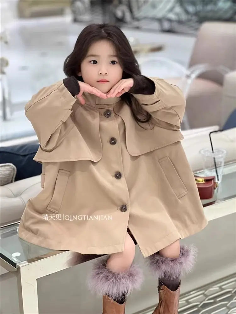 Girls' British Style Lapel Trench Coat 2026 Spring/Autumn New Versatile Children's Mid Length Single Breasted Jacket