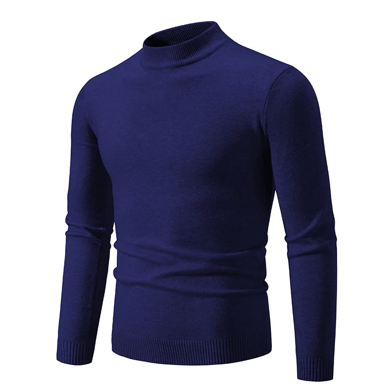 Autumn New Sweater Men's Half High Neck Basic Solid Color Casual Versatile Round Neck Knit with Slim Fit Elastic Sweater Inside
