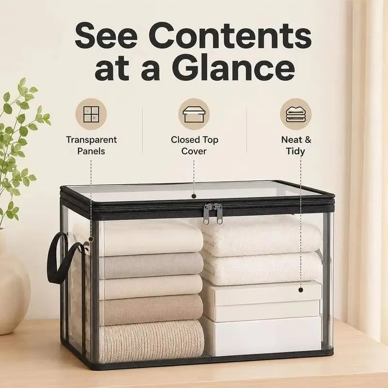 Foldable Storage Bins  Large Clear Heavy Duty Boxes with Lids Collapsible Clothes Blanket Organizer for Closet Bedroom