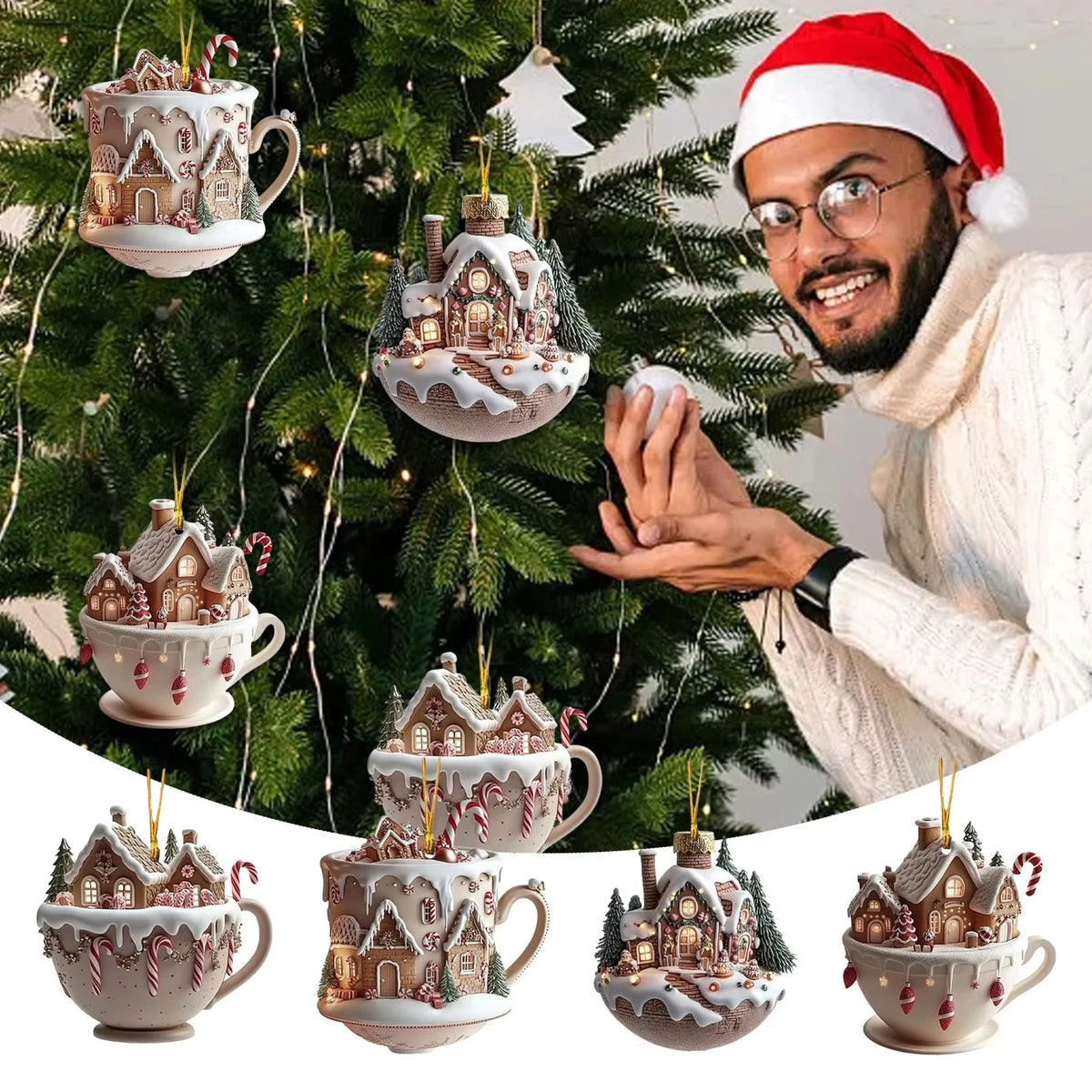 Christmas Tree Decorations 2D Acrylic Flat Cottage Warm Little Coffee Cup Hanging Pendant Ornaments New Year Home Party Decor