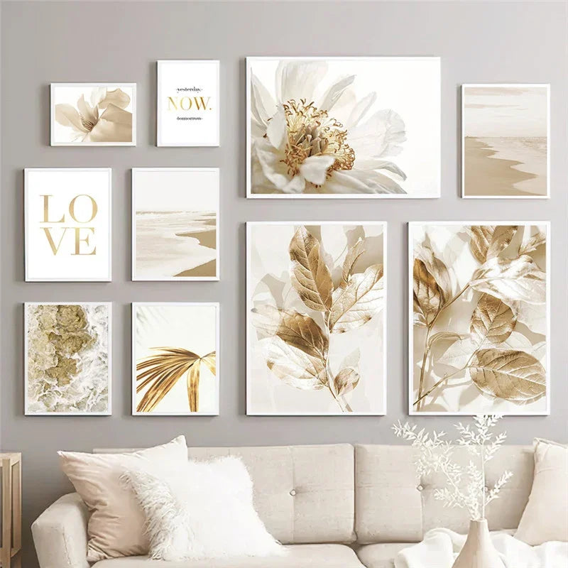 Nordic Modern Art Picture Canvas Painting Wall Art Golden Leaf Beach Scenery Poster and Print for Home Decor Living Room Design