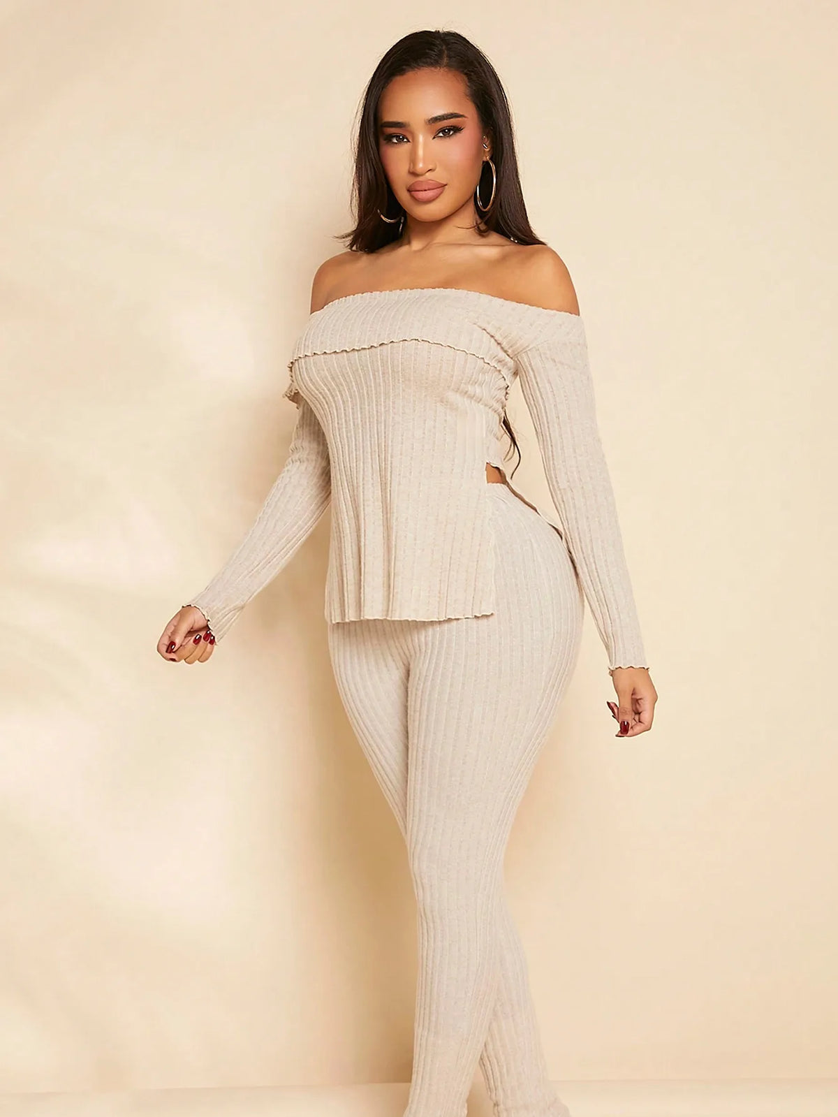 Women 2 Piece Ribbed Outfit, Off Shoulder Fold‑Over Long Sleeve Top & High Waist Skinny Pants Set, Casual Knit Matching Loungewe