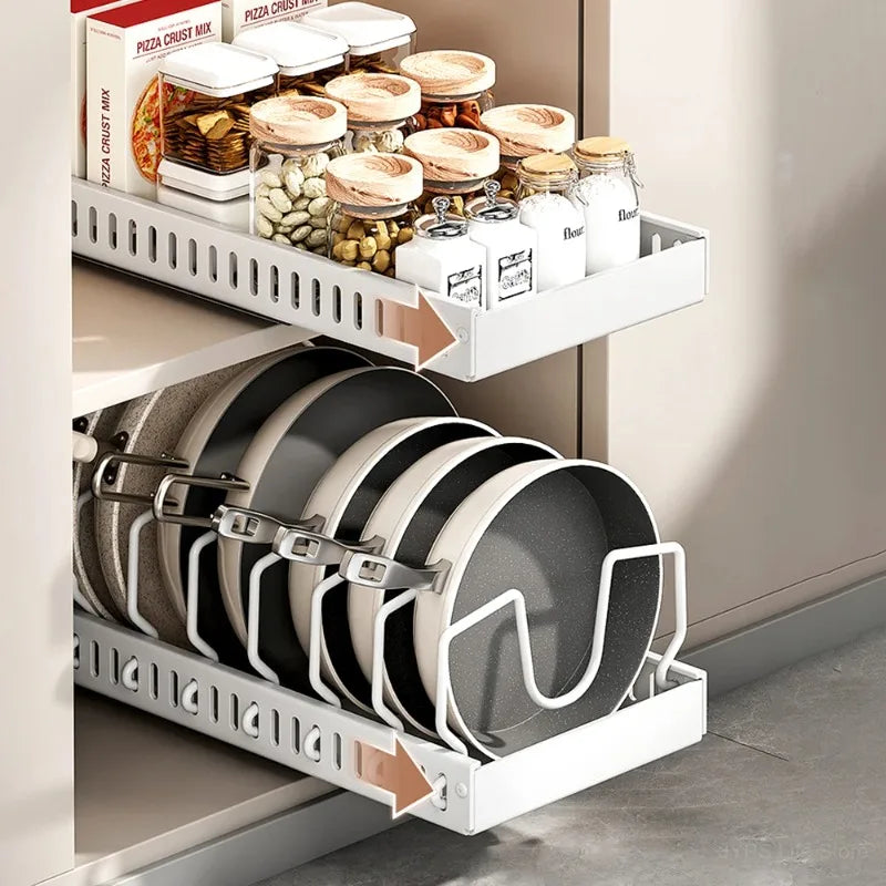 Pull‑out Sliding Kitchen Storage Rack Multifunctional Drawer Organizer for Pan Lids Spices Bowls Plates Cookware Storage