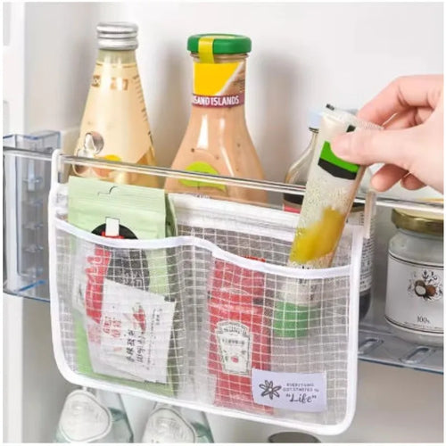 1PC Refrigerator Hanging Mesh Bag Double Compartment Storage Bag Fridge Side Door Organizer for Sauce Packet Kitchen Storage