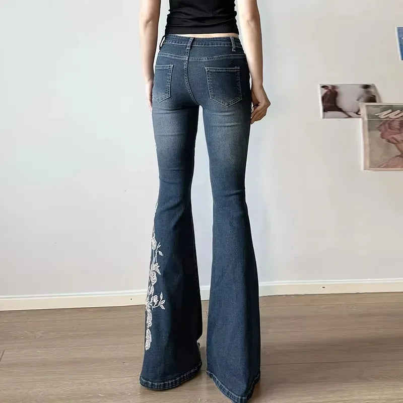 Autumn Women Retro Y2k Jeans Baggy Floral Embroidery Vintage 2000s Low Rise Flared Denim Pants High Street Slim Fit Trousers