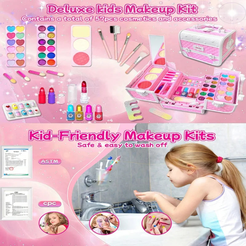 Princess Kids Makeup Kit for Girls, Washable Pretend Cosmetic Toy Set with Mirror & Storage Suitcase, Non-Toxic Beauty Play Makeup Case, Birthday Christmas Gift for Little Girls