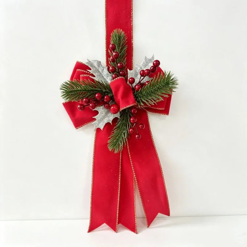 Christmas Door Bow Scapulars Decorations with Pine Branches and Red Berry Xmas New Years Christmas Pendant Outdoor Decoration