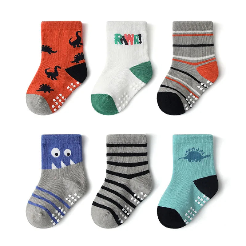 6 Pairs Kids Non-Slip Socks Cute Cartoon Dinosaur Pattern Boys Floor Socks Comfortable Breathable for Toddler Learning to Walk