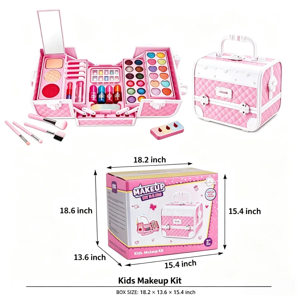 Princess Kids Makeup Kit for Girls, Washable Pretend Cosmetic Toy Set with Mirror & Storage Suitcase, Non-Toxic Beauty Play Makeup Case, Birthday Christmas Gift for Little Girls