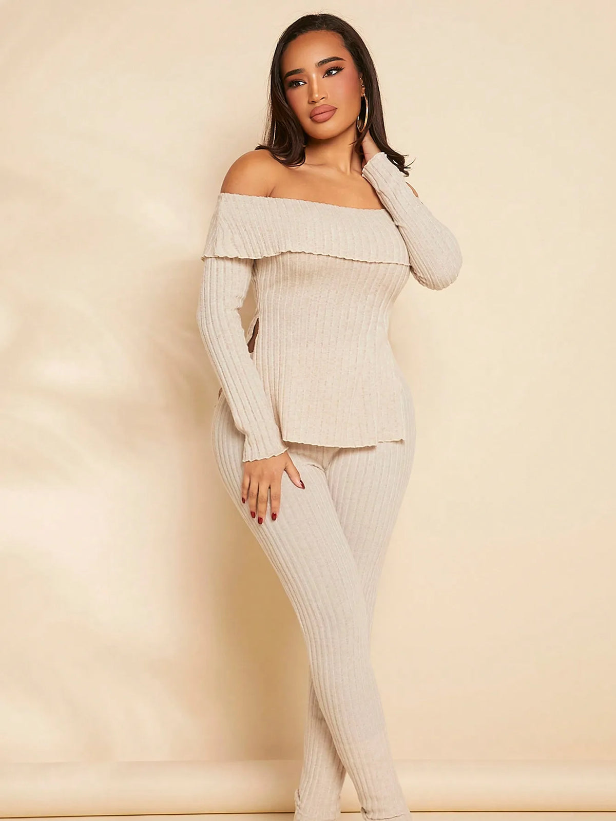 Women 2 Piece Ribbed Outfit, Off Shoulder Fold‑Over Long Sleeve Top & High Waist Skinny Pants Set, Casual Knit Matching Loungewe