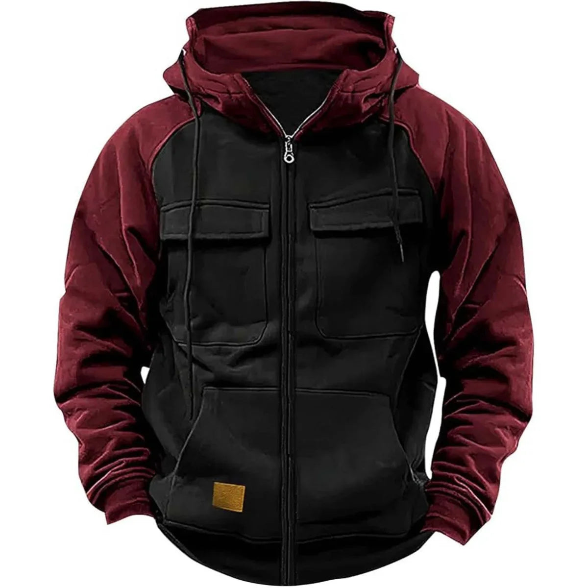 Model Retro Workwear Hooded Sweatshirt, Men's Zipper solid-color Warm Sports Shirt With Multiple Pockets Hooded Jacket