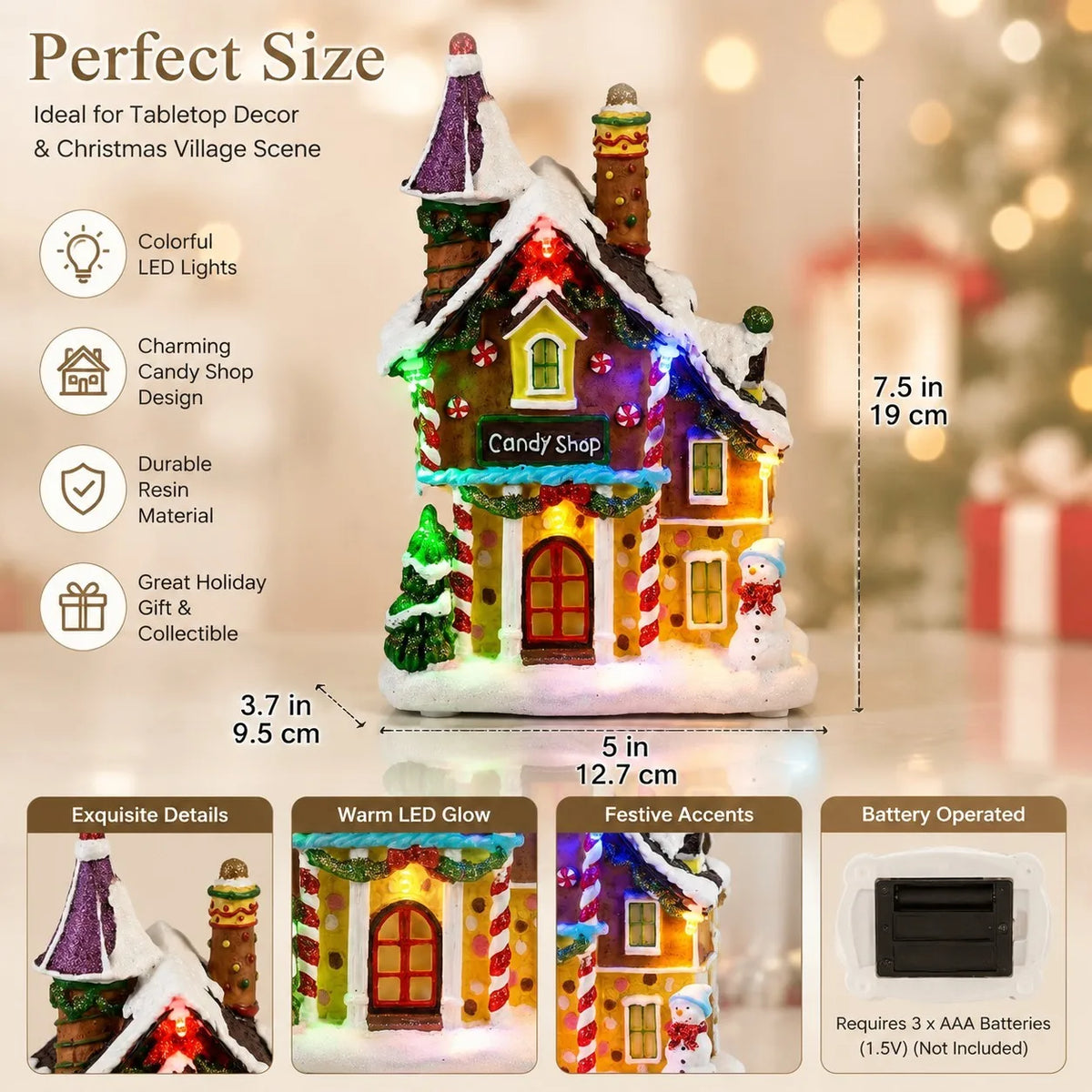 Christmas Candy Gingerbread House Decor - Collection Building with LED Light Up Decorative Home Fireplace Tabletop Decoration