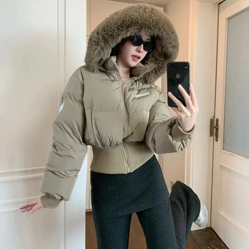 Winter Cropped Parkas for Women 2026 New Fashion Faux Fur Collar Hooded Cotton-Padded Jacket Thicken Warm Bread Down Cotton Coat