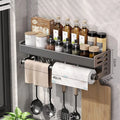 Gunmetal Space Aluminum No-Drill Wall Mounted Kitchen Storage Rack - Multi-Functional Organizer for Spice Jars and Knives
