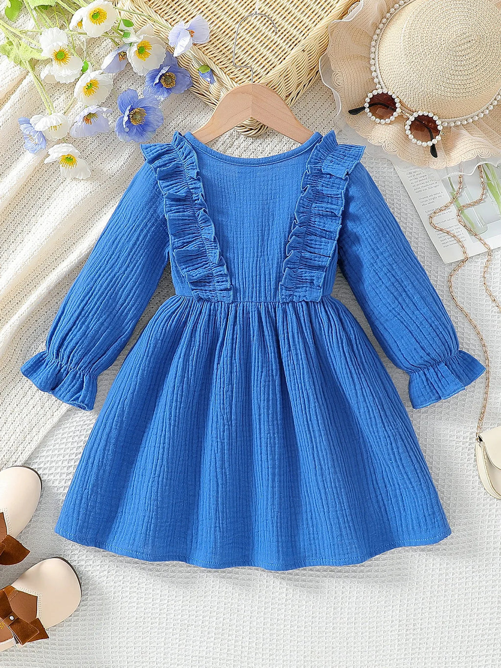 Children’s 2025 Summer New Arrival Girls’ Solid Color Long-Sleeved Casual Dress