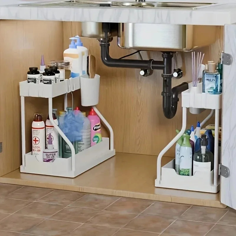 Kitchen lower sink rack Double pull-out countertop finishing rack Bathroom storage rack Kitchen storage rack