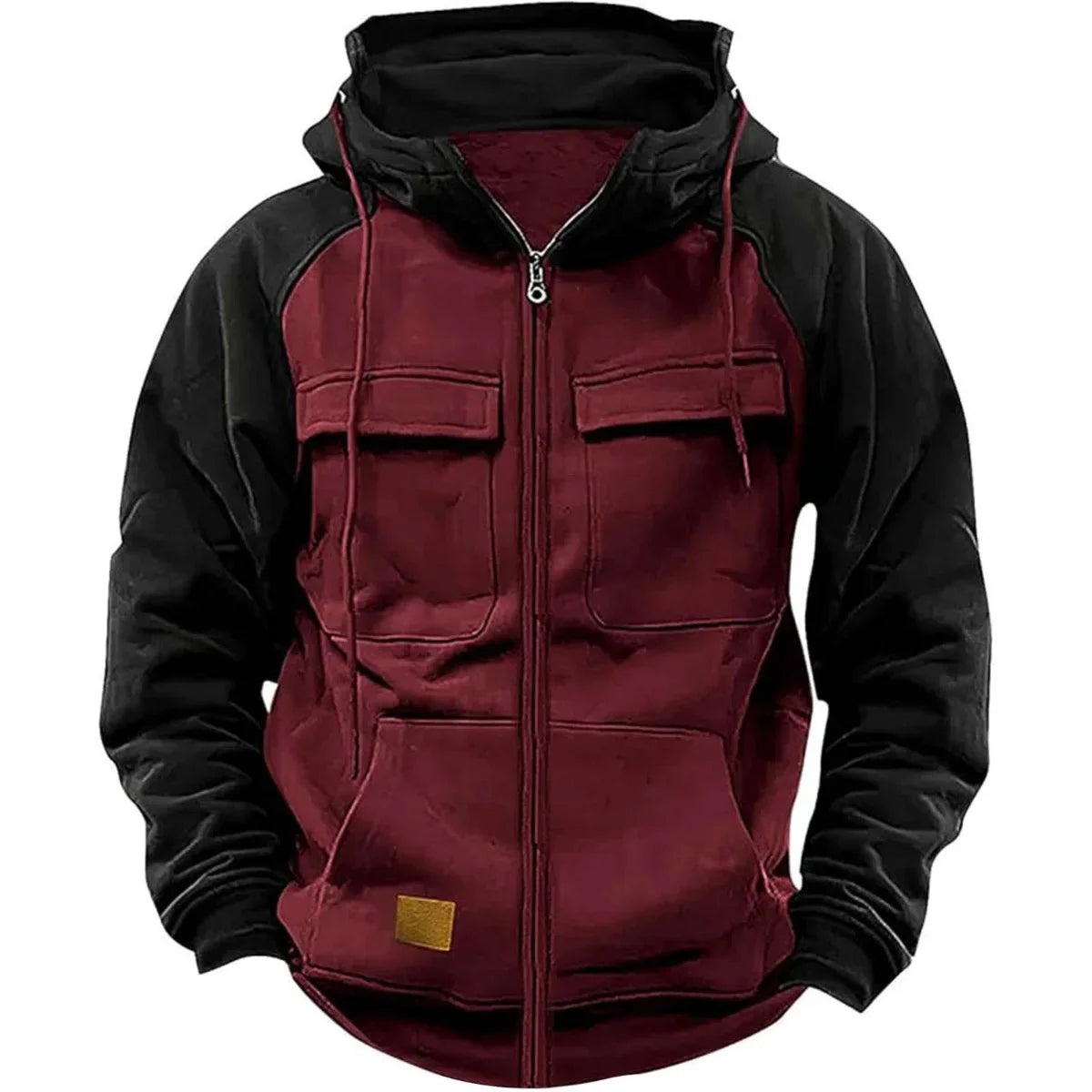 Model Retro Workwear Hooded Sweatshirt, Men's Zipper solid-color Warm Sports Shirt With Multiple Pockets Hooded Jacket