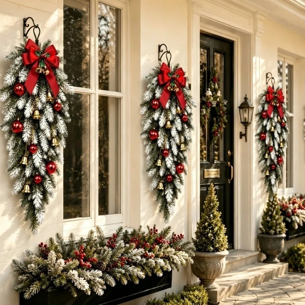 Artificial Christmas Decor Set Plastic Red Bow Norfolk Pine Garland Red Ball Ornaments Golden Ring Bell Holiday Wreath Set