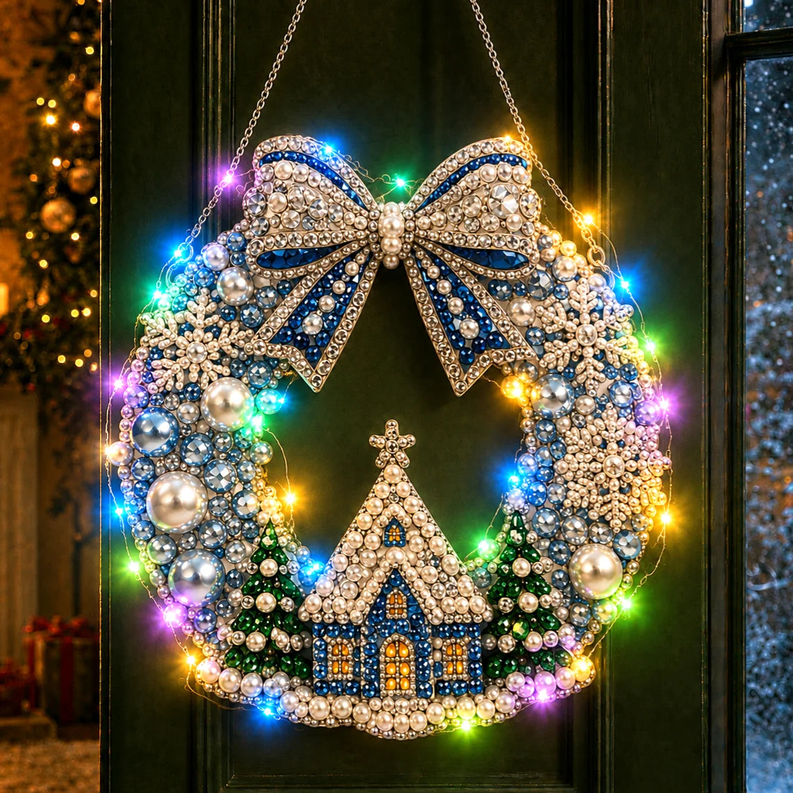Christmas DIY Diamond Painting Wreath 25cm With LED Lights Double‑Sided Print Single‑Side Diamond Inlay Xmas Front Door Wall