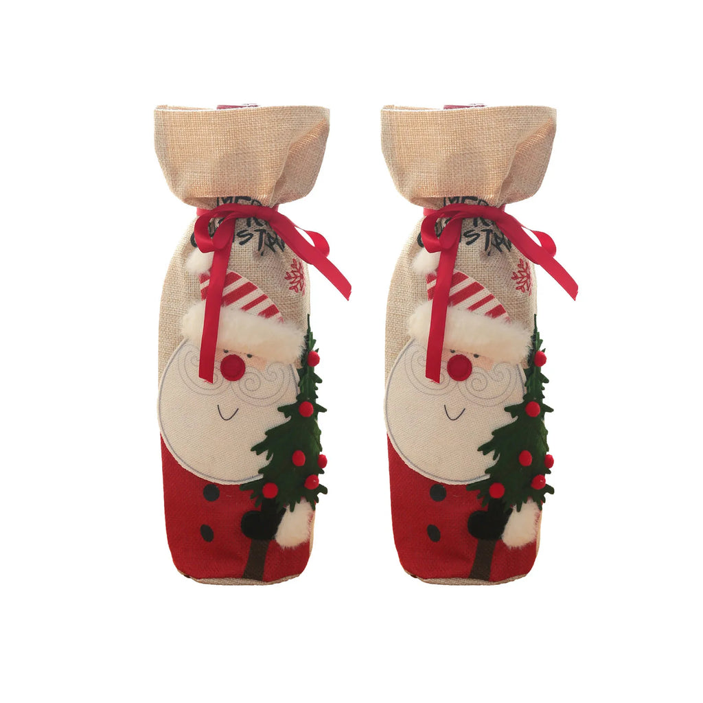 2pcs Christmas Wine Bottle Gift Bags Burlap Reusable Fabric Drawstring with Blank Labels & Rope Ideal for Christmas Gifting D