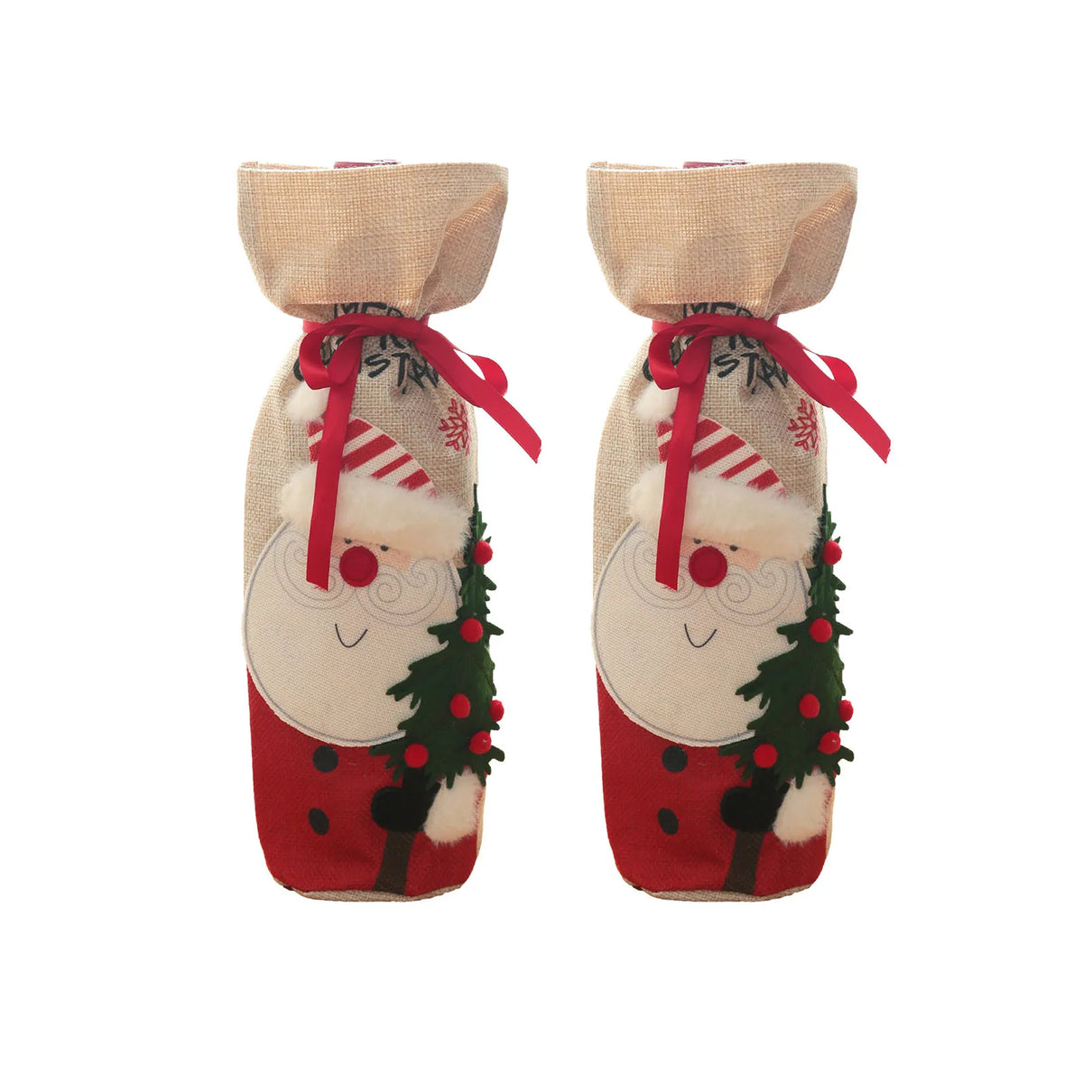 2pcs Christmas Wine Bottle Gift Bags Burlap Reusable Fabric Drawstring with Blank Labels & Rope Ideal for Christmas Gifting D