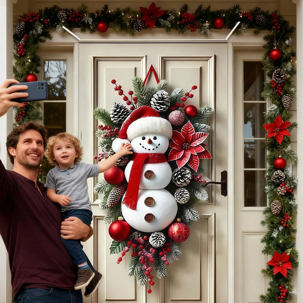 Winter Snowman Christmas Wreath Door Decoration Hanging Door Banner Winter Cute Outdoor Snowman Backdrop Christ