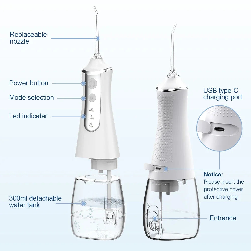 USB Rechargeable Water Flosser 300ml Portable 5 Nozzles 3 Modes Dental Irrigator Dental Odontología Kit Ferramentas