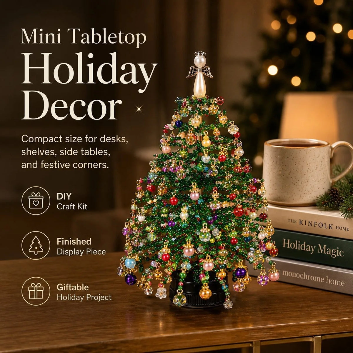 DIY Beaded Christmas Tree Kit with Lights for Adults, Tabletop Decor DIY Set Christmas Halloween Ornaments Xmas Decor