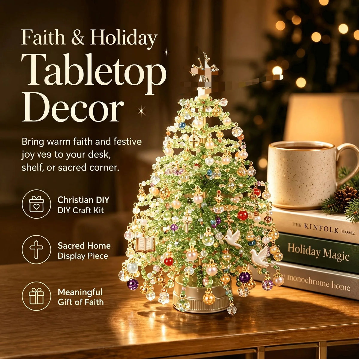 DIY Beaded Christmas Tree Kit with Lights for Adults, Tabletop Decor DIY Set Christmas Halloween Ornaments Xmas Decor