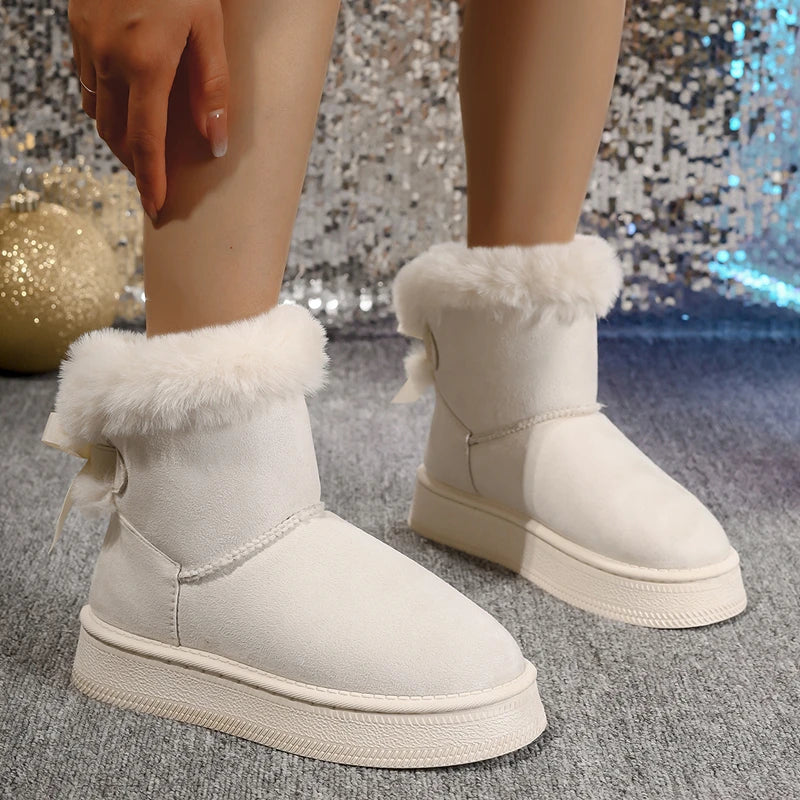 New Fashionable Bow Round Toe Elegant Snow Boots Winter Flat Wear-resistant Soft Students Plus Velvet Warm Women's Shoes