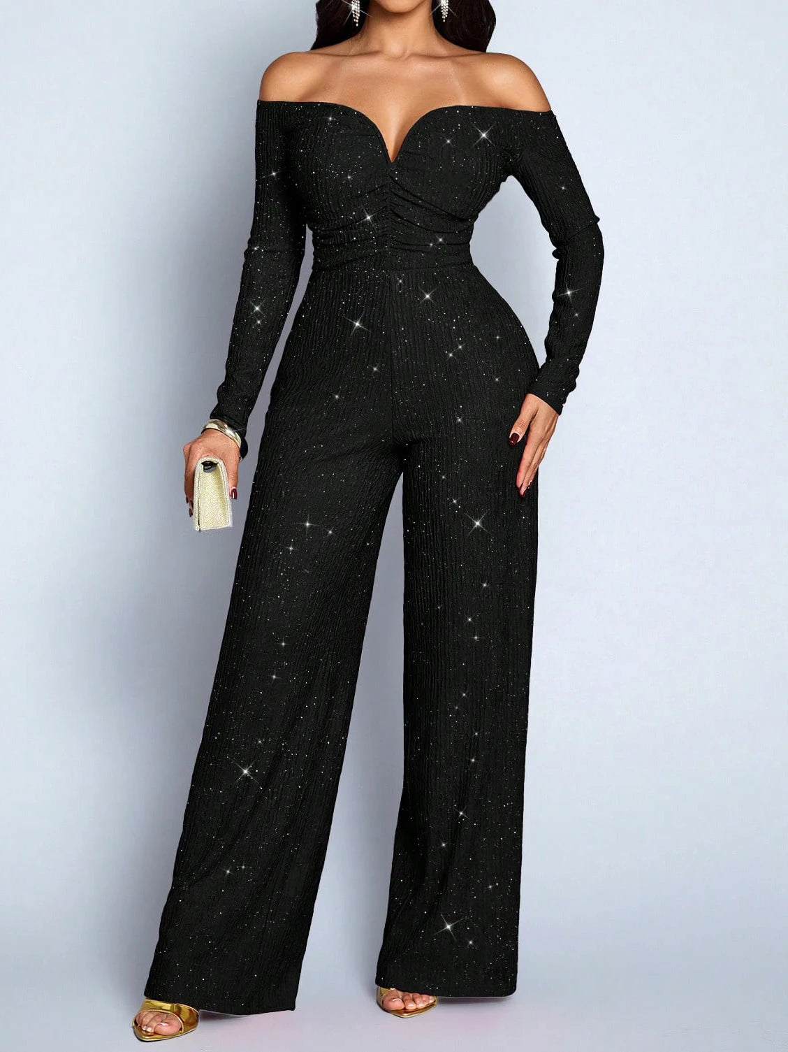 Fashion Slim Long Sleeve Jumpsuits for Women Slash Neck Folds Solid Straight Women Jumpsuit Monos Mujer Elegante