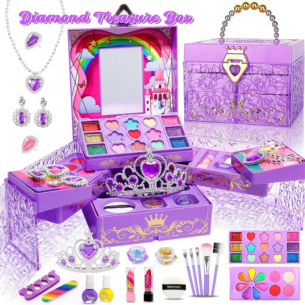 Crystal Makeup Set for Girls Washable Makeup Kit Kids Nail Art Kit with Cosmetic Case Non-toxic Safe Birthday Gifts