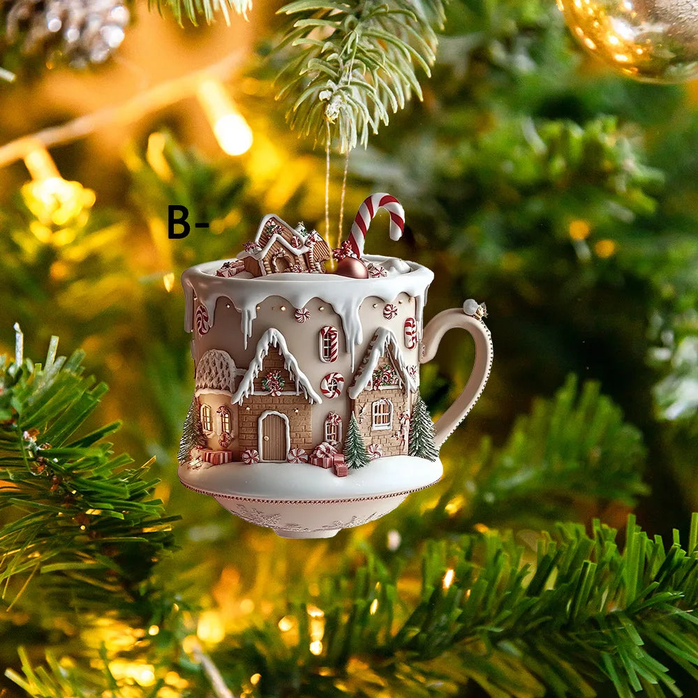 Christmas Tree Decorations 2D Acrylic Flat Cottage Warm Little Coffee Cup Hanging Pendant Ornaments New Year Home Party Decor