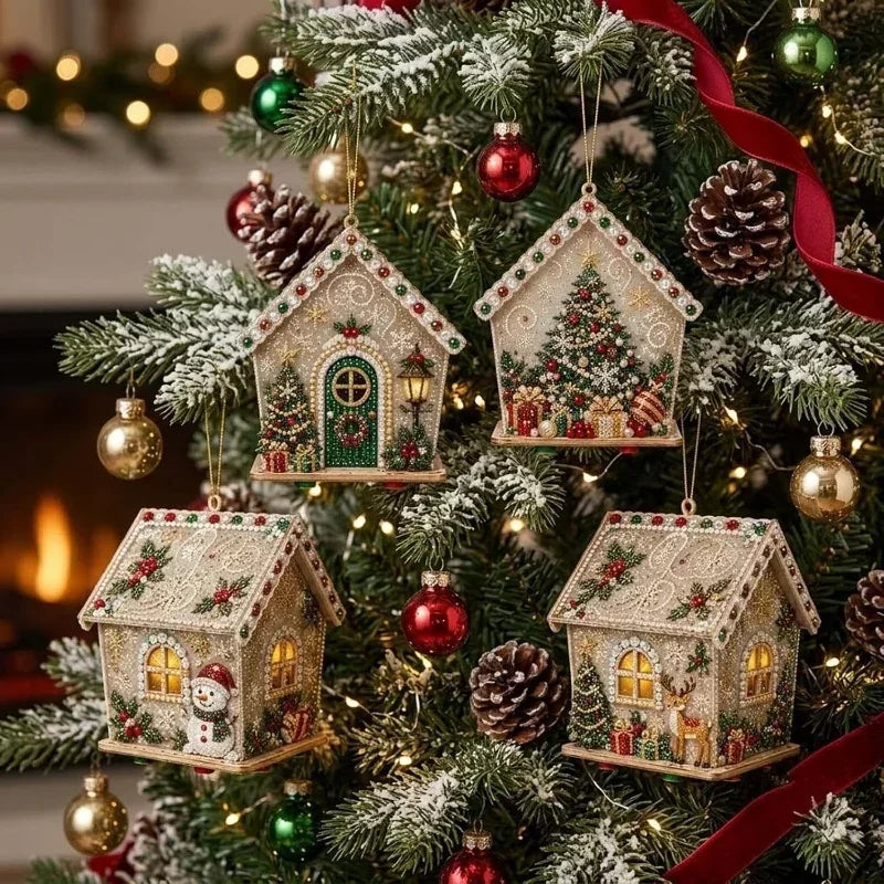 Christmas 3D House Pearl Painting DIY Set Cottage Diamond Painting Set Wooden Art Christmas Tree Ornaments For Home Decora Gifts