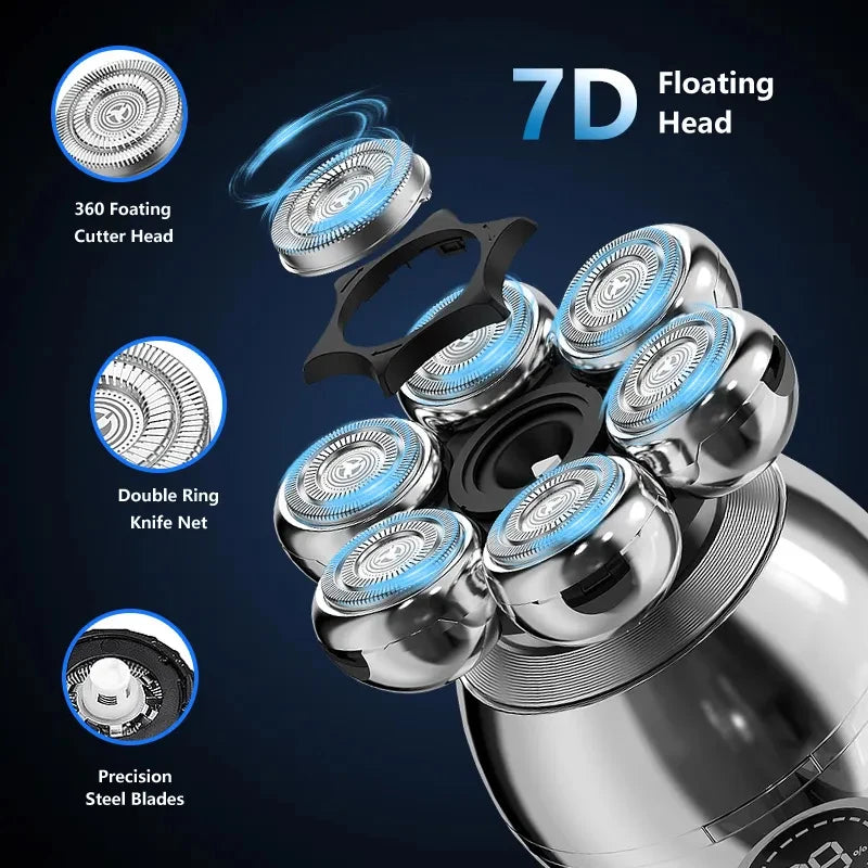 5 In 1 Electric Head Shaver for Bald Men 7D Floating Cutter Beard Trimmer Clipper IPX5 Waterproof Shaving USB Wireless Charging