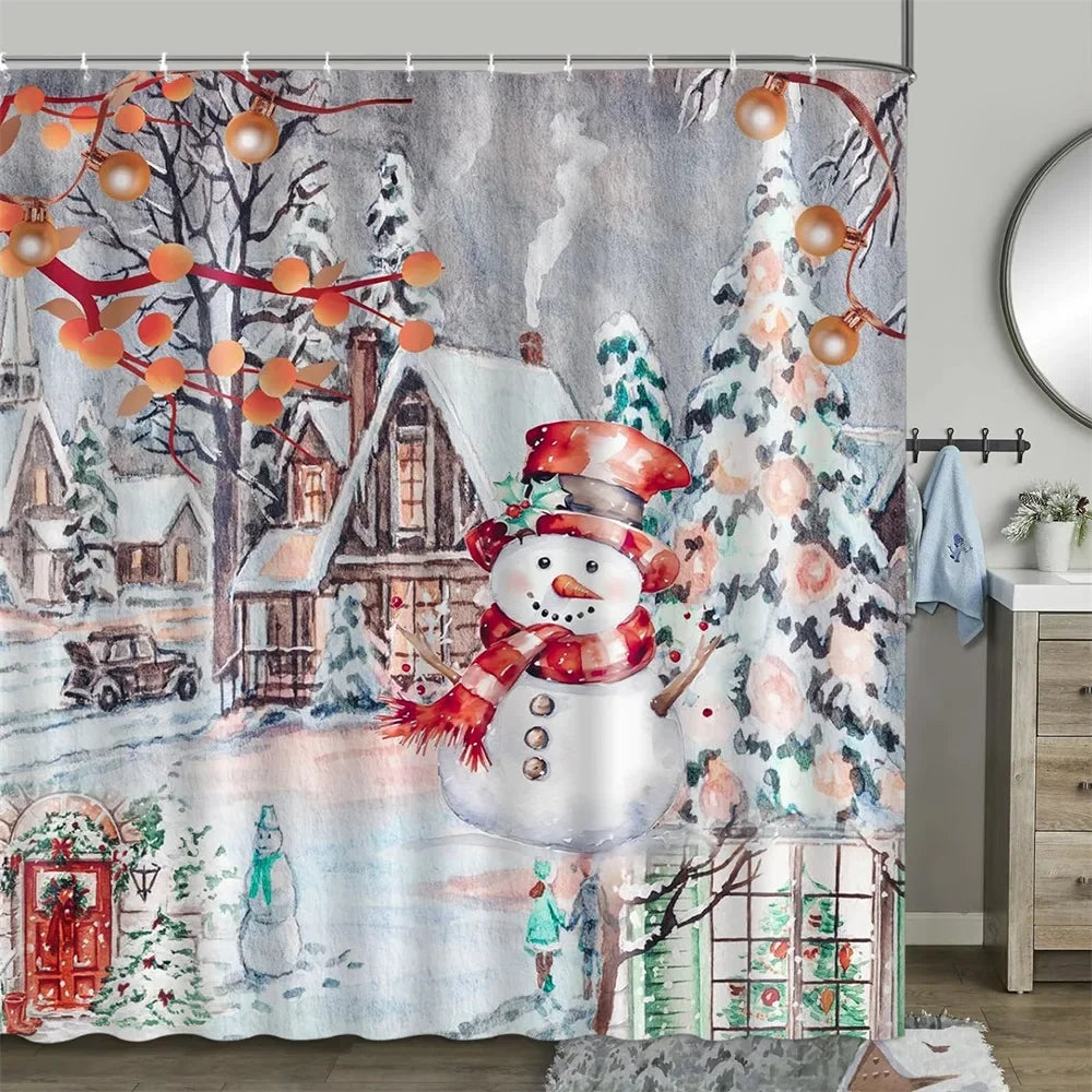 Christmas Shower Curtain, Winter Snowman Farm Christmas Tree Snowflake Santa Claus Dinosaur Farmhouse Truck Bathroom Decor