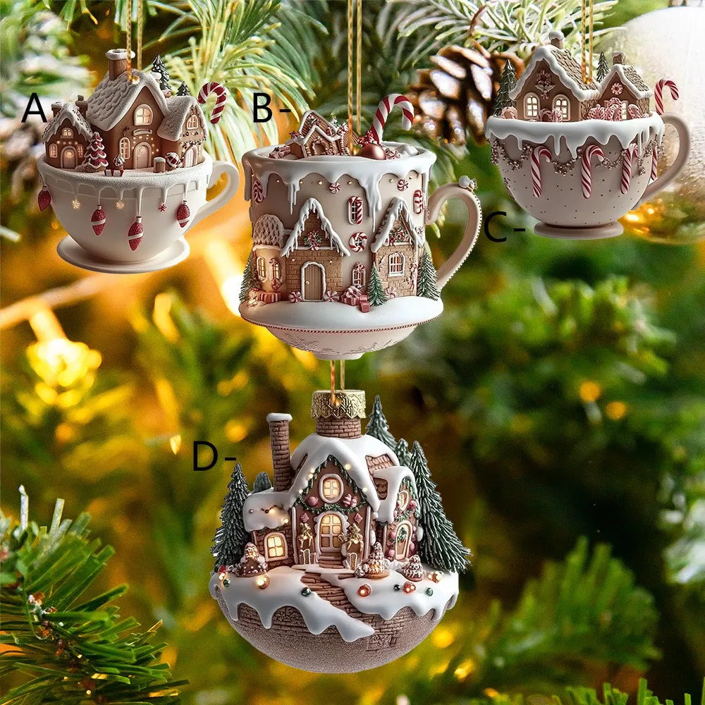 Christmas Tree Decorations 2D Acrylic Flat Cottage Warm Little Coffee Cup Hanging Pendant Ornaments New Year Home Party Decor