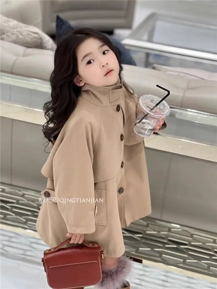 Girls' British Style Lapel Trench Coat 2026 Spring/Autumn New Versatile Children's Mid Length Single Breasted Jacket