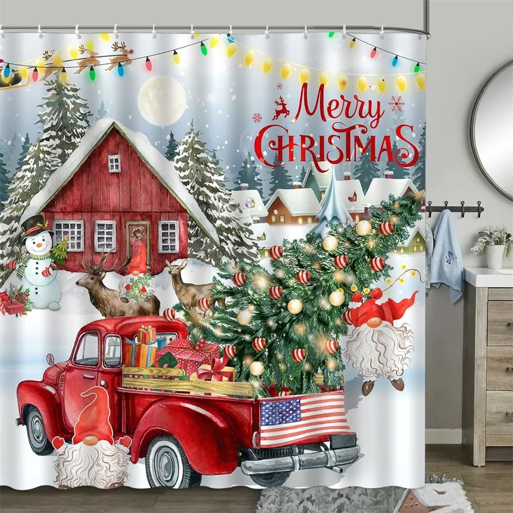 Christmas Shower Curtain, Winter Snowman Farm Christmas Tree Snowflake Santa Claus Dinosaur Farmhouse Truck Bathroom Decor