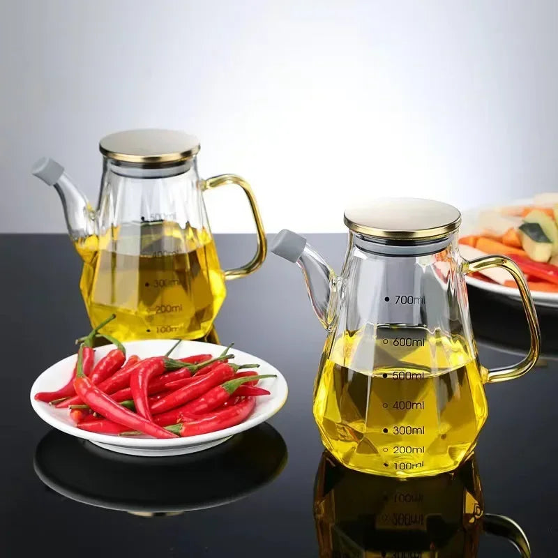 JUSTINLAU Glass Oil Pots 500/700/900ml Leak Proof Diamond Oil Bottle with Scale/Lid Sauce Vinegar Condiment Storage Container