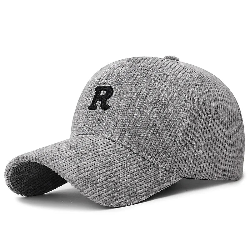 Fall and Winter Accessory Corduroy Baseball Cap with 3D Embroidered 'R' Letter Solid Color Adjustable Structured Hat